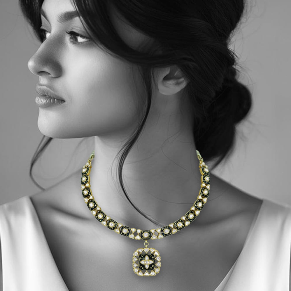 Polki Necklace with Black Enamel Squares and Central Pendant